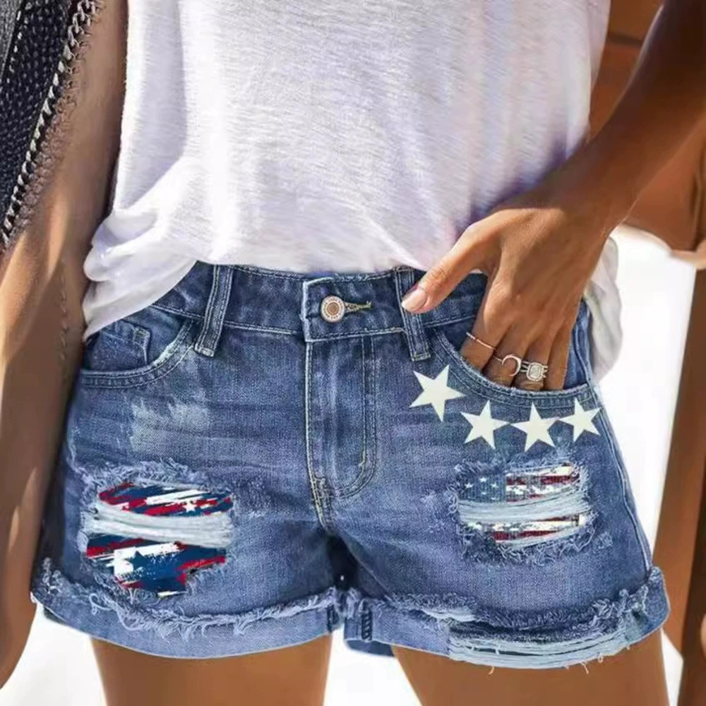 ZARA Printed Patch Ripped Rolled Hem Denim Shorts for Women
